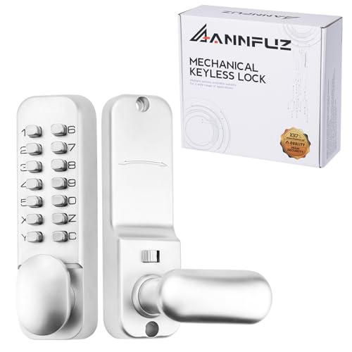 ANNFUZ Full Mechanical Keyless Entry Door Handle Lock with KeypadSingleSided Push Button Combination Code Lever LockAuto LockingInterior HoldOpeningfor Front GateNo BatteryPearl Chrome - Image 1
