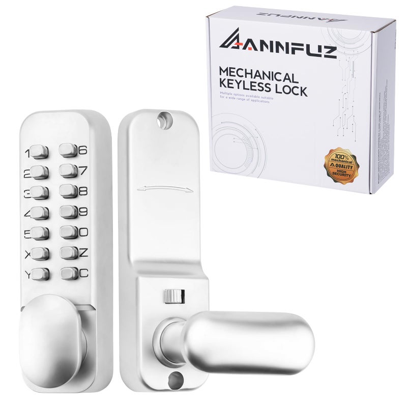ANNFUZ Full Mechanical Keyless Entry Door Handle Lock with KeypadSingleSided Push Button Combination Code Lever LockAuto LockingInterior HoldOpeningfor Front GateNo BatteryPearl Chrome - Image 2