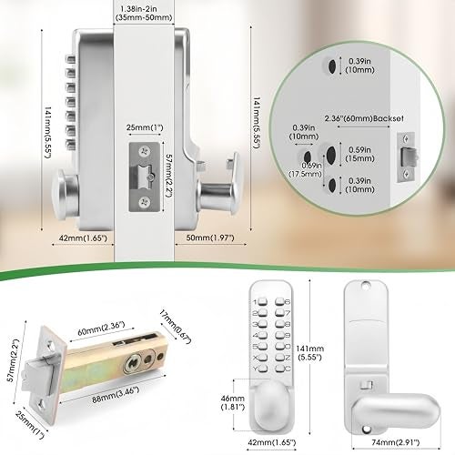 ANNFUZ Full Mechanical Keyless Entry Door Handle Lock with KeypadSingleSided Push Button Combination Code Lever LockAuto LockingInterior HoldOpeningfor Front GateNo BatteryPearl Chrome - Image 3