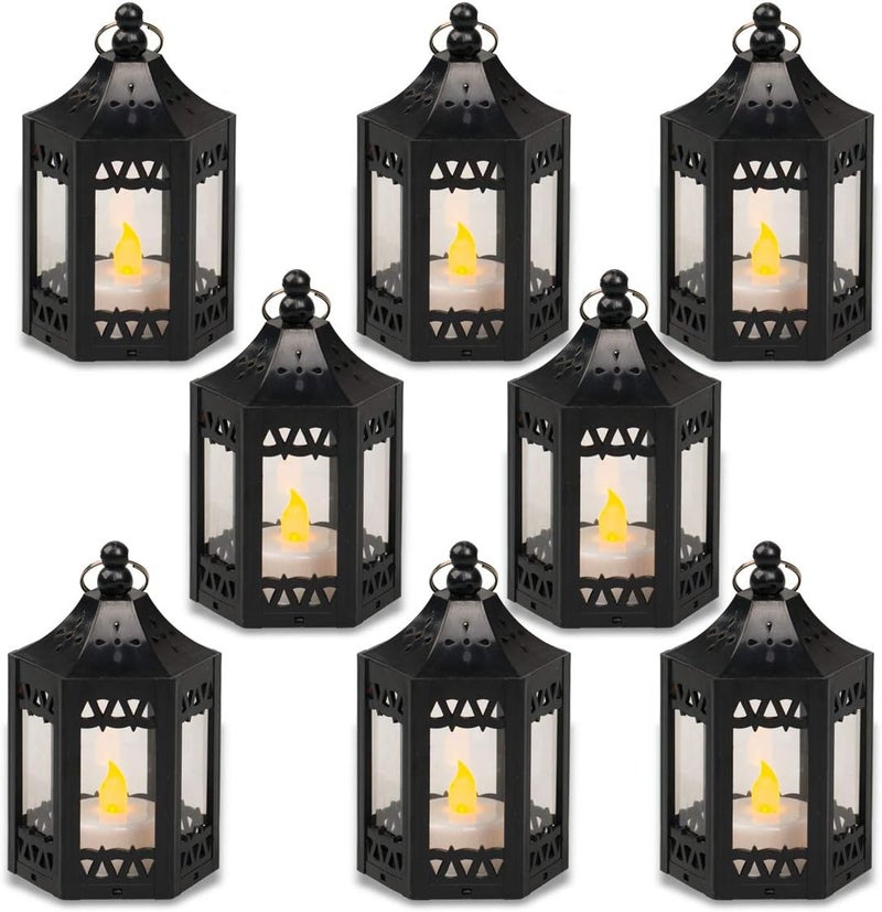 zkee Mini Star Lantern with Flickering LED,Battery Included,Christmas Decorative Indoor Candle Lantern（Set of 8,Black） - Image 1