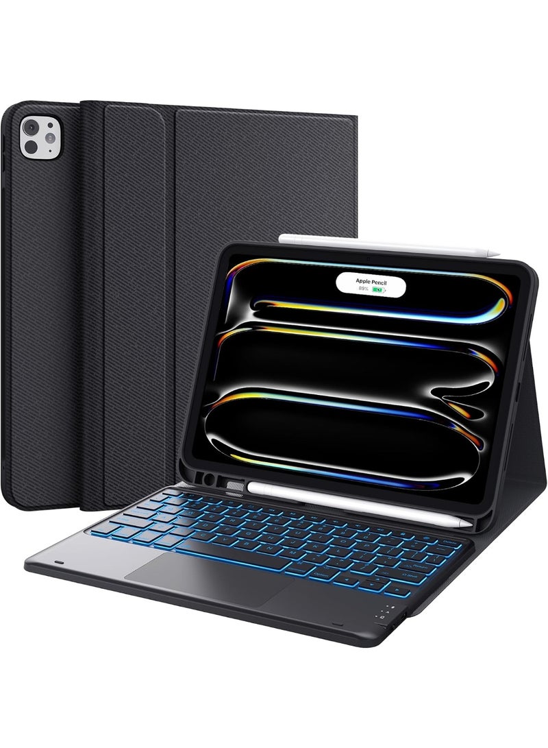 جراب لوحة مفاتيح عربي/إنجليزي لجهاز iPad Pro 11 بوصة (إصدار M4-2024 / M5-2025)، لوحة مفاتيح مغناطيسية قابلة للفصل بإضاءة خلفية بـ 7 ألوان، لوحة تتبع متعددة اللمس، غطاء حامل قابل للطي مع مكان لقلم Apple، قناتان بلوتوث - Image 1