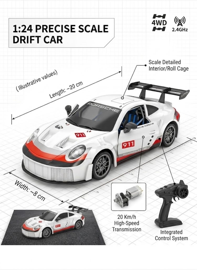 بورشه سيارة انجراف RC بمقياس 1:24 | دفع رباعي 4WD، تحكم 2.4GHz، سرعة 20 كم/س مع إضاءة LED وحواجز طريق وعجلات انجراف - Image 4