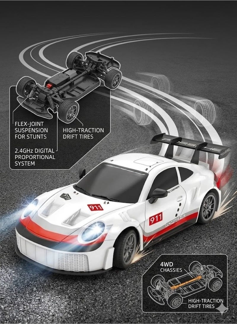 1:24 Scale Simulated Porsche RC Drift Car 4WD – 2.4GHz 20 Km/h High-Speed Remote Control Racing Car with LED Lights, Drift Wheels & Roadblocks Included - Image 3