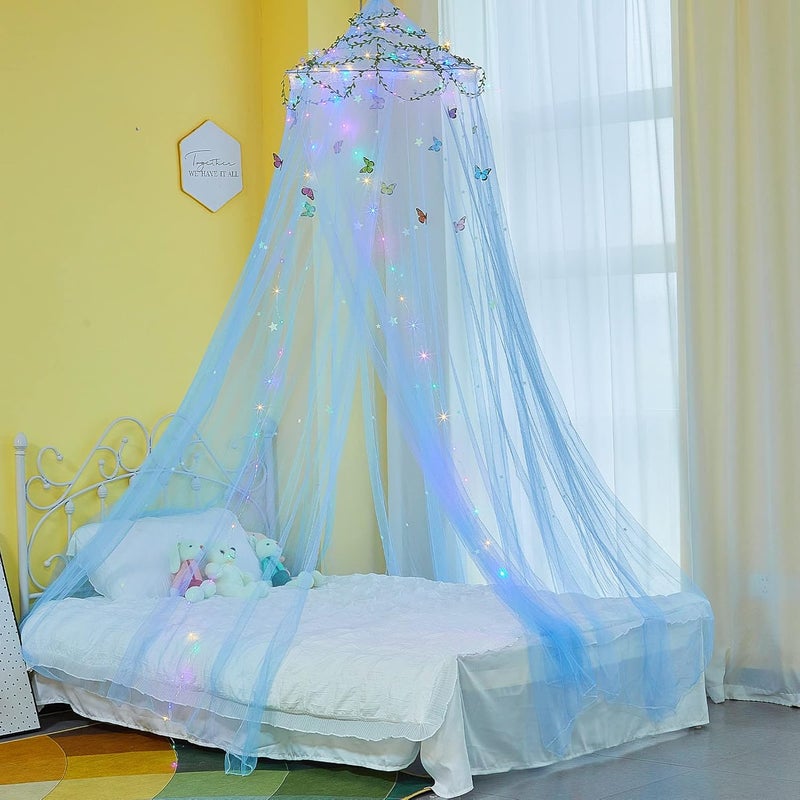 FIOBEE Bed Canopy for Girls Room Bed Canopy Curtains with Led Lights Mosquito Net DIY Princess Room Décor with Stars Butterflies for Kids Bedroom, Blue - Image 1