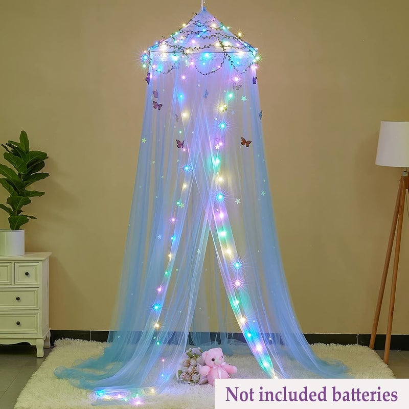 FIOBEE Bed Canopy for Girls Room Bed Canopy Curtains with Led Lights Mosquito Net DIY Princess Room Décor with Stars Butterflies for Kids Bedroom, Blue - Image 3
