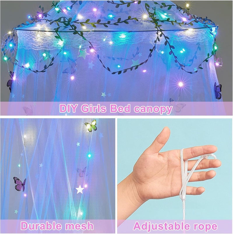 FIOBEE Bed Canopy for Girls Room Bed Canopy Curtains with Led Lights Mosquito Net DIY Princess Room Décor with Stars Butterflies for Kids Bedroom, Blue - Image 5
