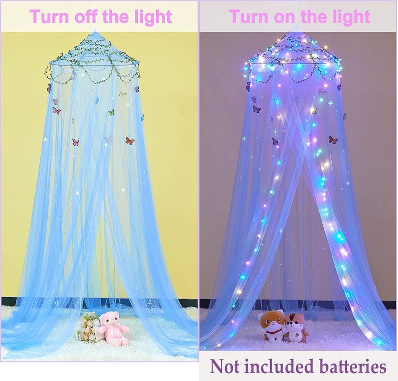 FIOBEE Bed Canopy for Girls Room Bed Canopy Curtains with Led Lights Mosquito Net DIY Princess Room Décor with Stars Butterflies for Kids Bedroom, Blue - Image 4