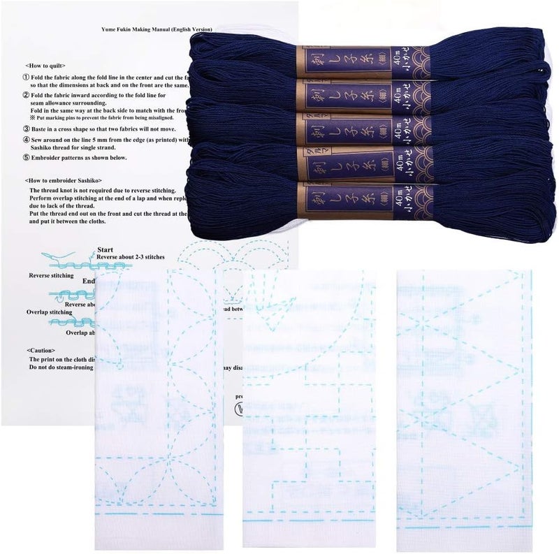 Daruma Sashiko kit, Yokota Sashiko Thread and Template Yume Fukin with Original English Manual, Fabric, Japanese Textile (Navy Thread/White Dishcloth 3) - Image 1