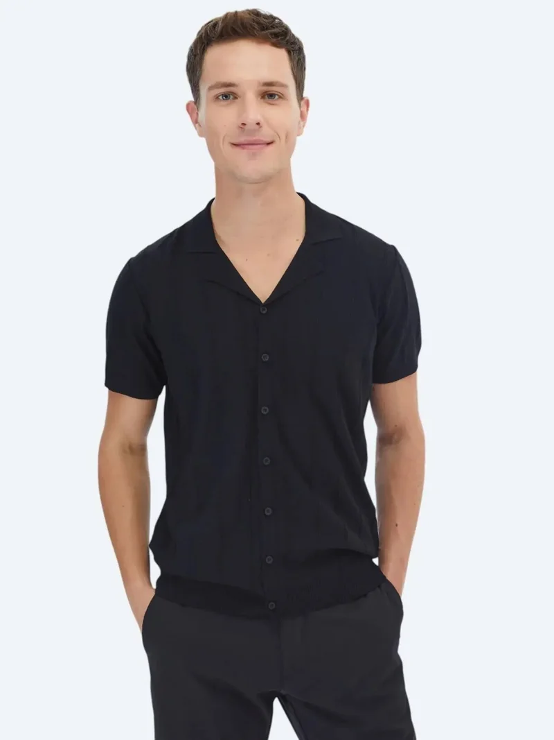 Kip Black Regular Fit Knitting Casual Shirt