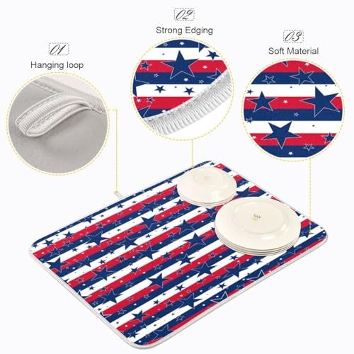 Bolaz Dish Drying Mat American Stars And Stripes Kitchen Counter Mat Dishes Pad Dish Mats for Drying 4th Of July, Reversible, Super Absorbent 18x24 - Image 4