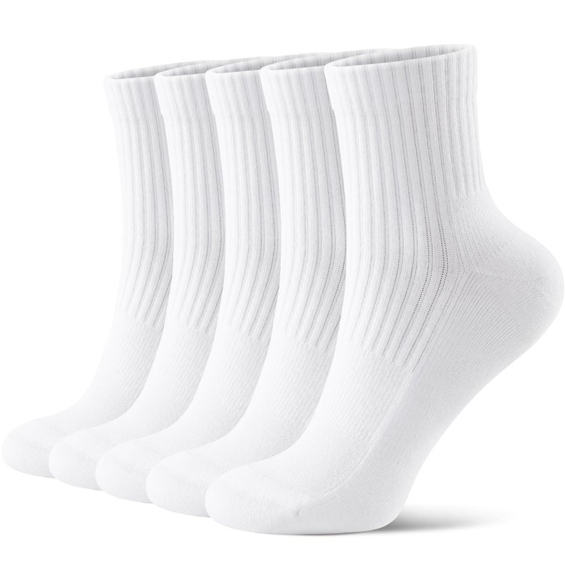 FITRELL Women's Crew Socks Ankle Athletic Cushioned Running Casual Socks for Women and Men, 5 Pairs White, Medium - Image 1