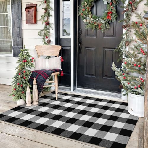 KOZYFLY Buffalo Plaid Area Rugs 3x5 Ft Black and White Checkered Rug Washable Front Door Mat Hand Woven Cotton Outdoor Rug Large Rug for Front Porch Kitchen Entryway Patio Bathroom - Image 1