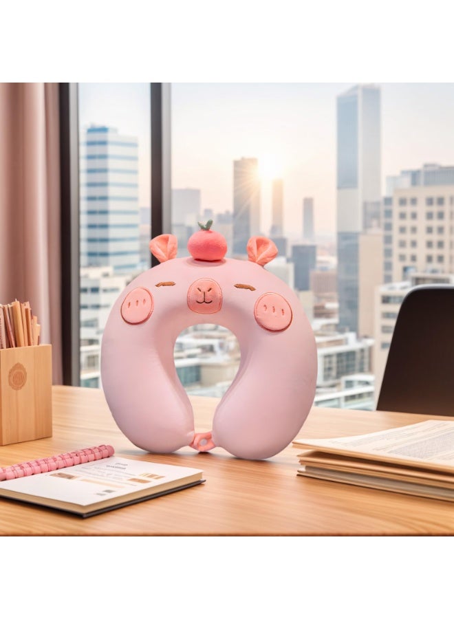 وسادة سفر، وسادة سفر للأطفال، وسادة رقبة ناعمة من إسفنج الذاكرة للأطفال للأولاد والبنات، ملحقات سفر للسفر بالسيارة أو الطائرة (كابيبارا وردي) - Image 1