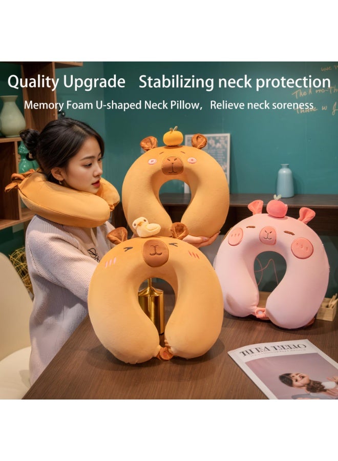 وسادة سفر، وسادة سفر للأطفال، وسادة رقبة ناعمة من إسفنج الذاكرة للأطفال للأولاد والبنات، ملحقات سفر للسفر بالسيارة أو الطائرة (كابيبارا وردي) - Image 4