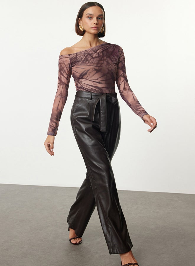 trendyol Light Brown Patterned Tulle Fitted Knitted Body Knitted Body - Image 1