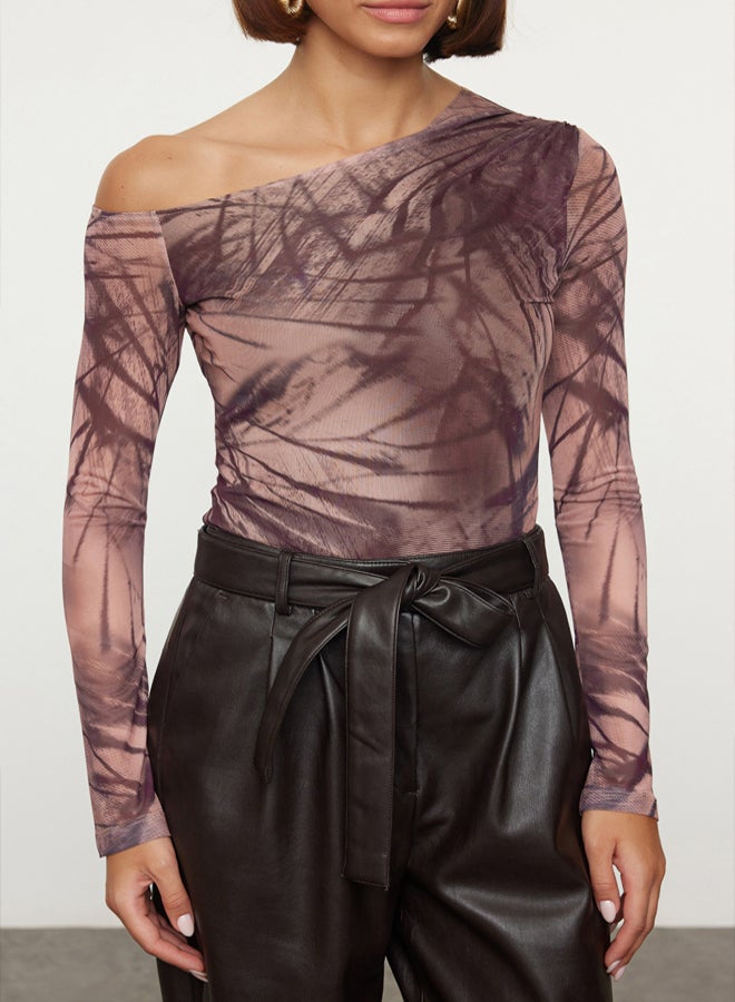 trendyol Light Brown Patterned Tulle Fitted Knitted Body Knitted Body - Image 3