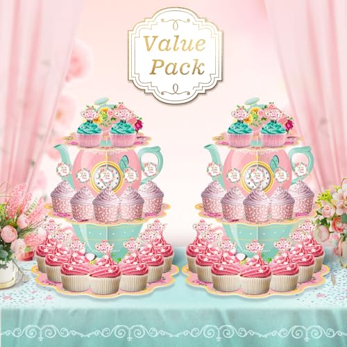 BACUTHY 2 Pack Tea Party Cupcake Stands Birthday Decorations 3Tier Floral Afternoon Tea Time Theme Dessert Holder Cake Toppers for Adults Girls Kids Baby Bridal Shower Vintage Garden Princess Party Favors - Image 3