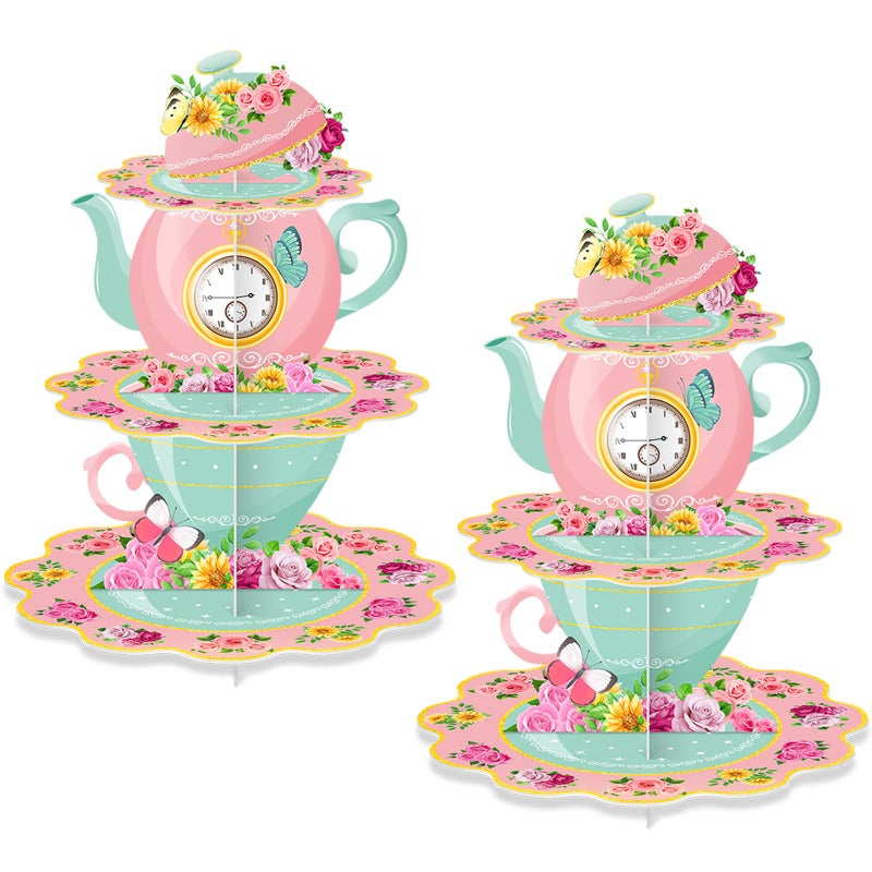 BACUTHY 2 Pack Tea Party Cupcake Stands Birthday Decorations 3Tier Floral Afternoon Tea Time Theme Dessert Holder Cake Toppers for Adults Girls Kids Baby Bridal Shower Vintage Garden Princess Party Favors - Image 2