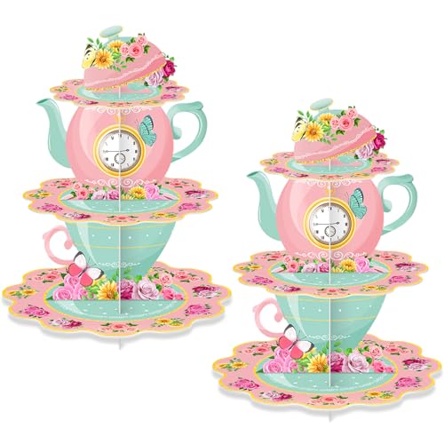 BACUTHY 2 Pack Tea Party Cupcake Stands Birthday Decorations 3Tier Floral Afternoon Tea Time Theme Dessert Holder Cake Toppers for Adults Girls Kids Baby Bridal Shower Vintage Garden Princess Party Favors - Image 1