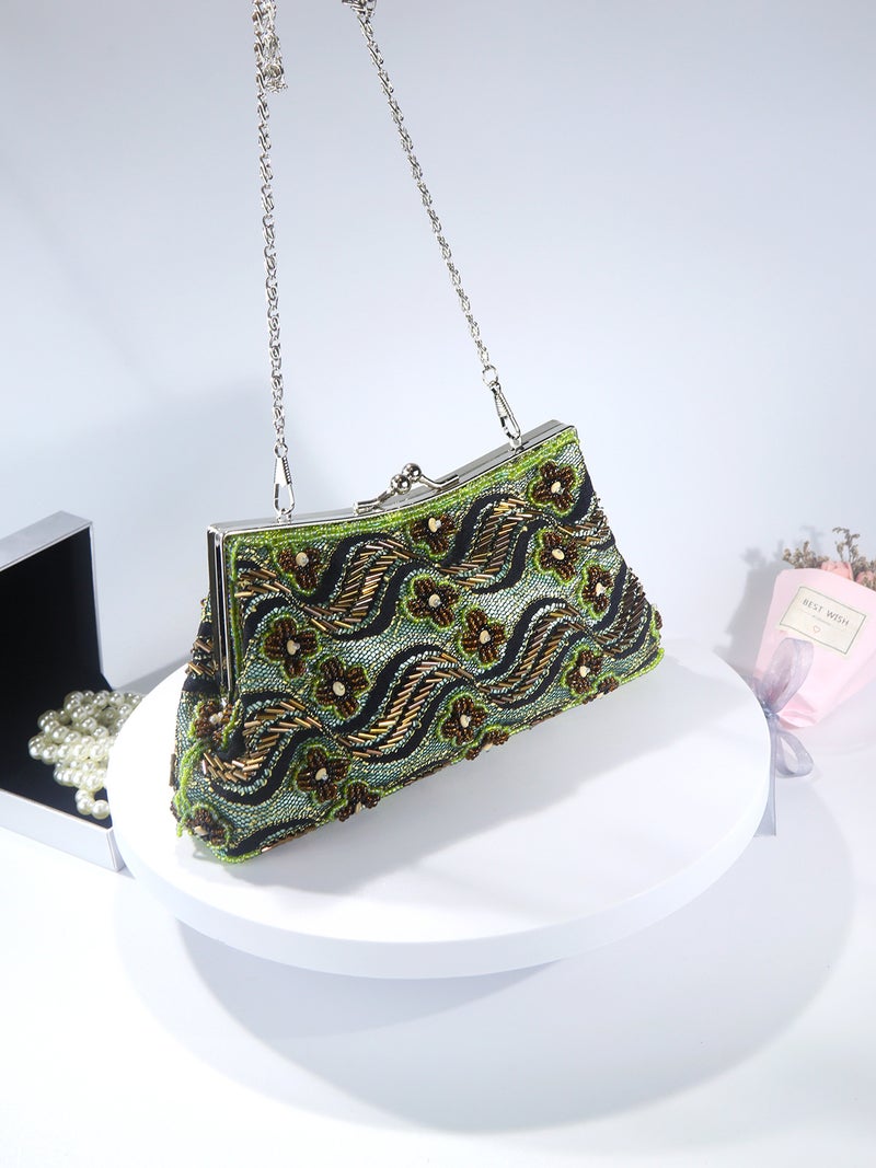 Embroidered Hand-Beaded Clutch Bag, Vintage Style Cheongsam Matching Evening Bag, Chain Crossbody Bag, Light Luxury Dumpling Bag - Image 3
