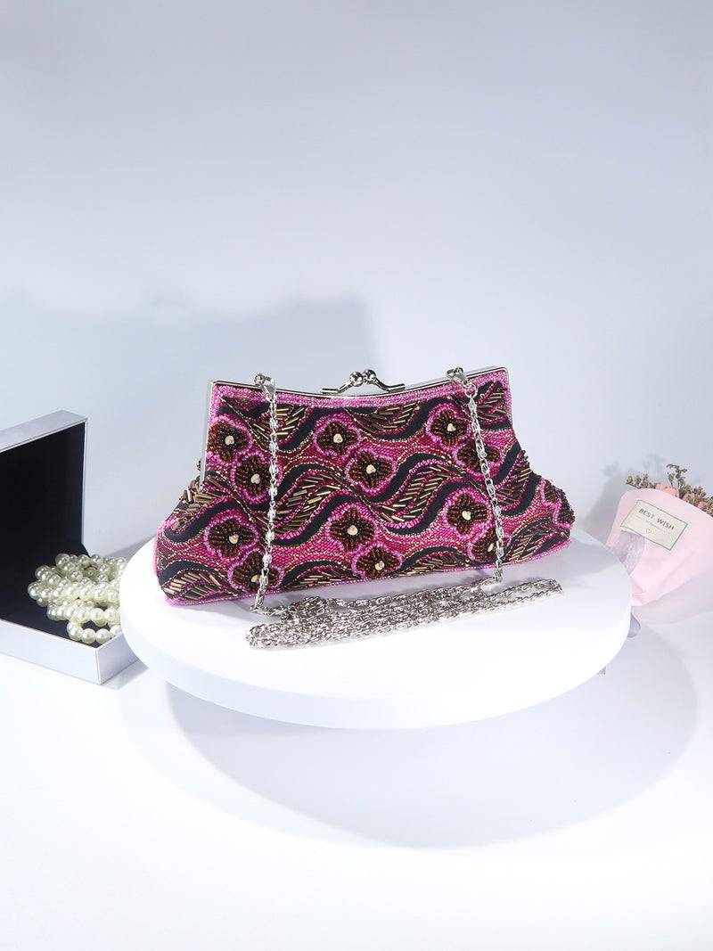 Embroidered Hand-Beaded Clutch Bag, Vintage Style Cheongsam Matching Evening Bag, Chain Crossbody Bag, Light Luxury Dumpling Bag - Image 5