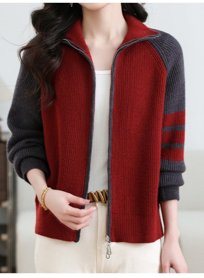 Leyuan New Autumn And Winter Color-block Striped Long-sleeve Slim Fit High-neck Knit Cardigan Lazy Casual Top Sweater Women - Image 2