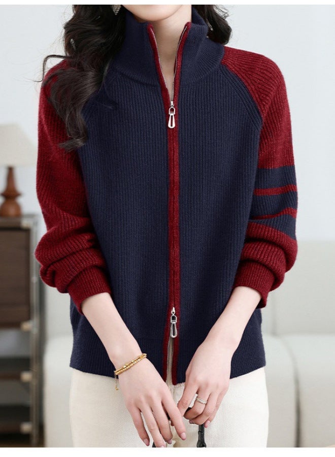 Leyuan New Autumn And Winter Color-block Striped Long-sleeve Slim Fit High-neck Knit Cardigan Lazy Casual Top Sweater Women - Image 3