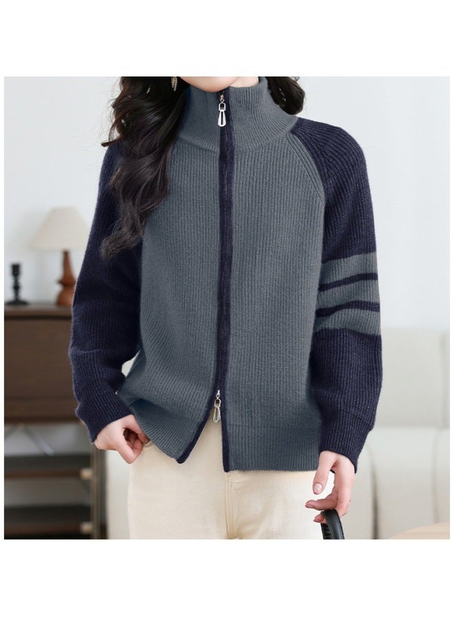 Leyuan New Autumn And Winter Color-block Striped Long-sleeve Slim Fit High-neck Knit Cardigan Lazy Casual Top Sweater Women - Image 1