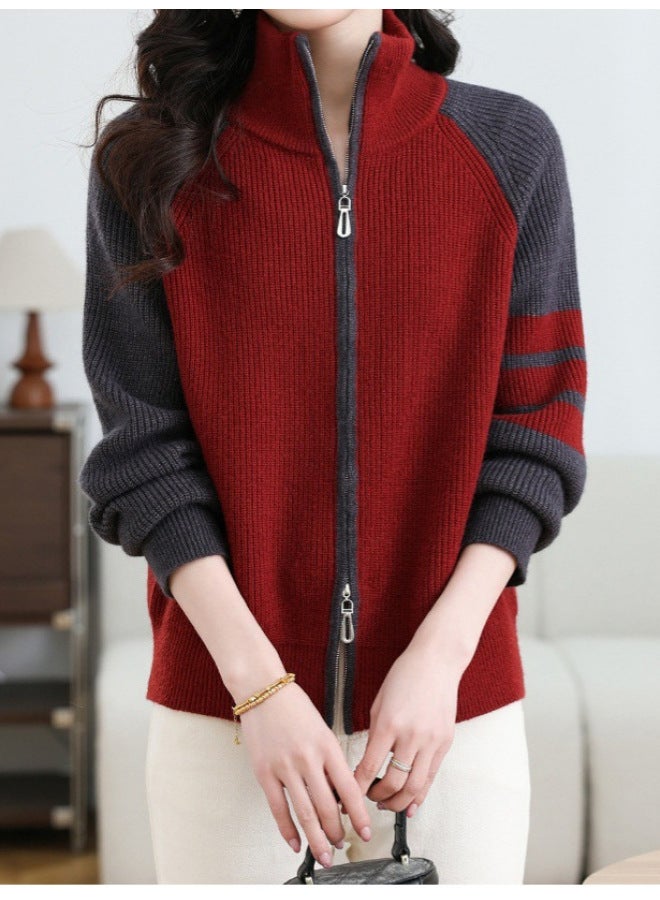 Leyuan New Autumn And Winter Color-block Striped Long-sleeve Slim Fit High-neck Knit Cardigan Lazy Casual Top Sweater Women - Image 5
