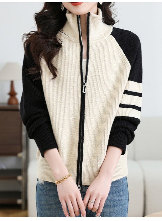 Leyuan New Autumn And Winter Color-block Striped Long-sleeve Slim Fit High-neck Knit Cardigan Lazy Casual Top Sweater Women - Image 4
