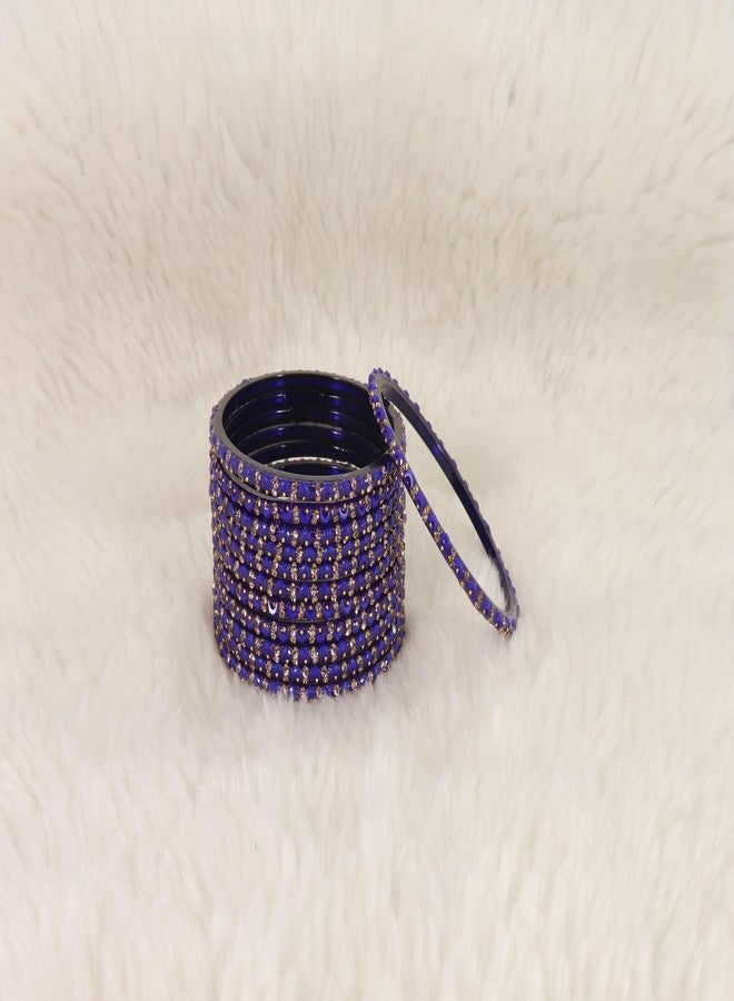 LAVAZZA Glass Golden Diamond Stone & Beads Work Stylish Bangles Set For Women & Girls | bangles for women glass | Glass Bangles Set 2.6 | glass set-(AB4-Brijwasi-Blue-2.6) - Image 2