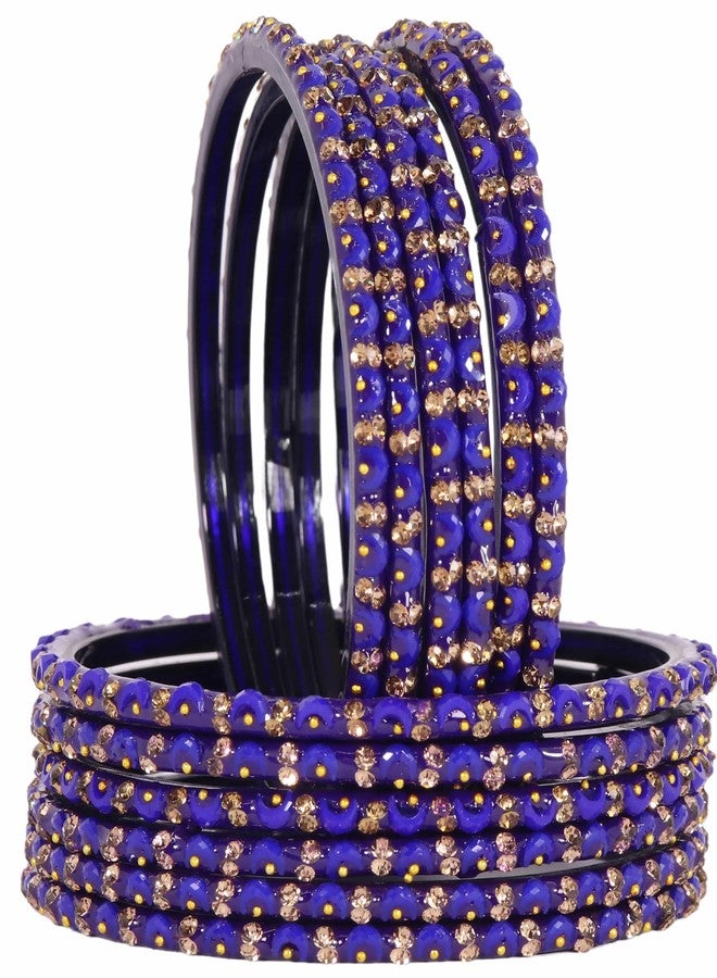 LAVAZZA Glass Golden Diamond Stone & Beads Work Stylish Bangles Set For Women & Girls | bangles for women glass | Glass Bangles Set 2.6 | glass set-(AB4-Brijwasi-Blue-2.6) - Image 1