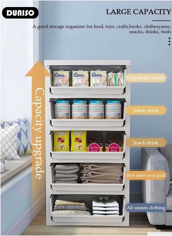 5 Drawers Storage Cabinet Drawer Plastic Containers Box, Portable Drawer Cart Storage Organizer with Wheels, Mobile File Cabinet, Bedside Cupboard, Multifunctional Storage Bin for Office, Wide Slit Cabinet Drawer Unit Multipurpose Mix Drawers for Kitchen Bedroom Bathroom and Living Room