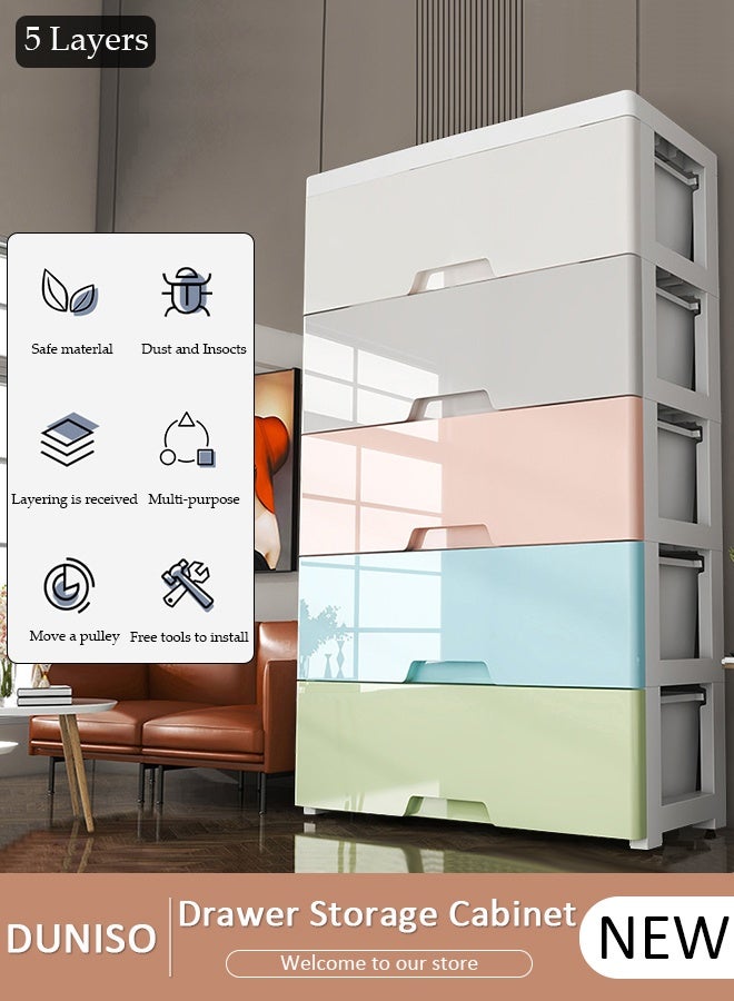 DUNISO 5 Drawers Storage Cabinet Drawer Plastic Containers Box, Portable Drawer Cart Storage Organizer with Wheels, Mobile File Cabinet, Bedside Cupboard, Multifunctional Storage Bin for Office, Wide Slit Cabinet Drawer Unit Multipurpose Mix Drawers for Kitchen Bedroom Bathroom and Living Room - Image 1