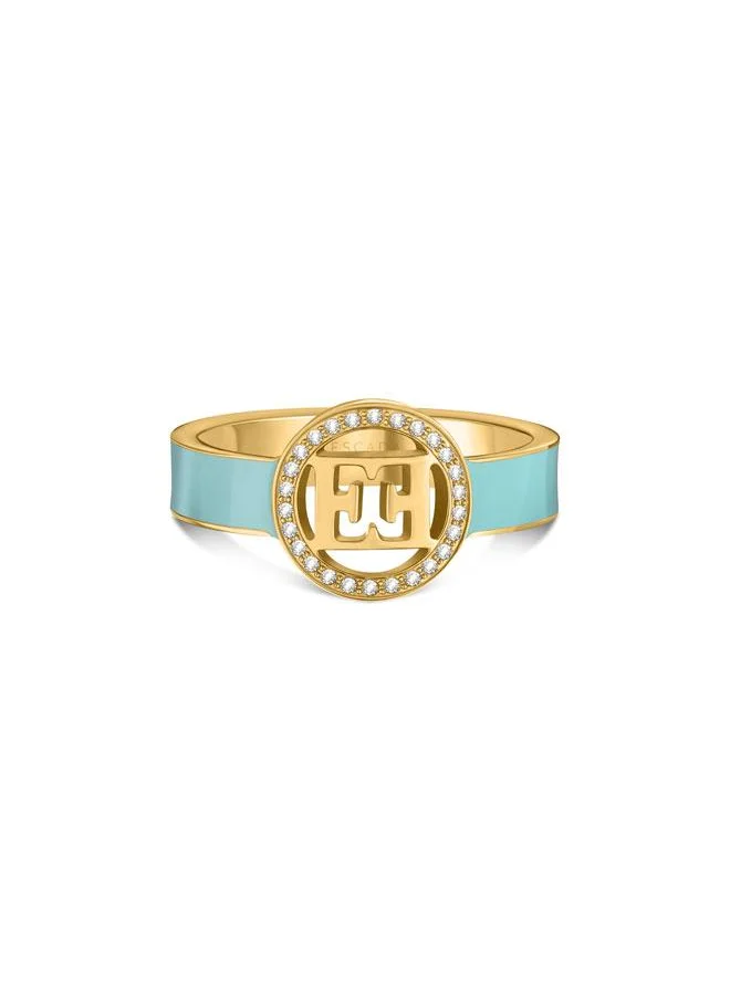 ESCADA Escada Isabella Ion Plated Gold Ring with Cutout Escada Logo & Cool Light Blue Enamel Band