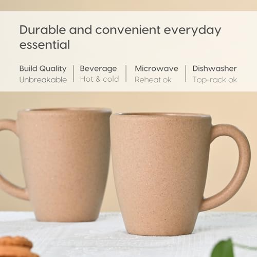 Eha Set of 2 Earth-Friendly Classic Coffee Mug | 300 ml | Made with Rice Husk & Bamboo Fibers | Microwave Safe (Reheat only) | for Hot & Cold Coffee, Milk & Tea Cup | Matte Finish Mugs | Tortilla - Image 4