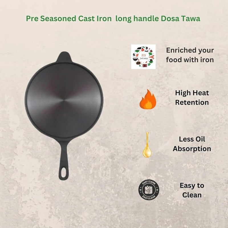 MUD N POT Pre Seasoned Cast Iron Dosa TawaRoti Tawa Long Handle Pan 105 inches Diameter Naturally Seasoned with Vegetable Oil Non Toxic Vintage - Image 4