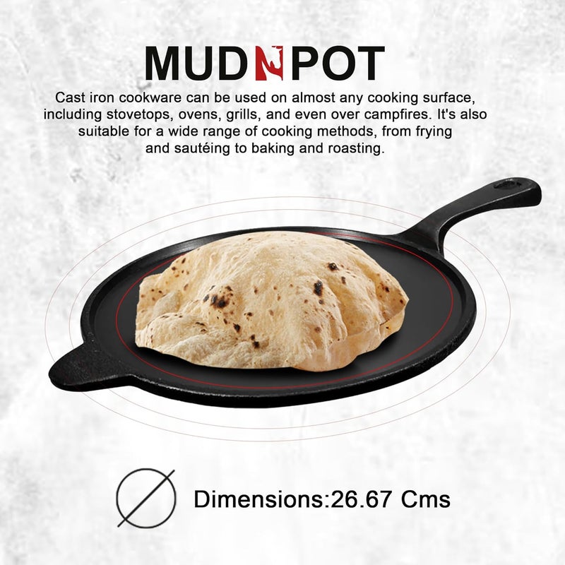MUD N POT Pre Seasoned Cast Iron Dosa TawaRoti Tawa Long Handle Pan 105 inches Diameter Naturally Seasoned with Vegetable Oil Non Toxic Vintage - Image 3