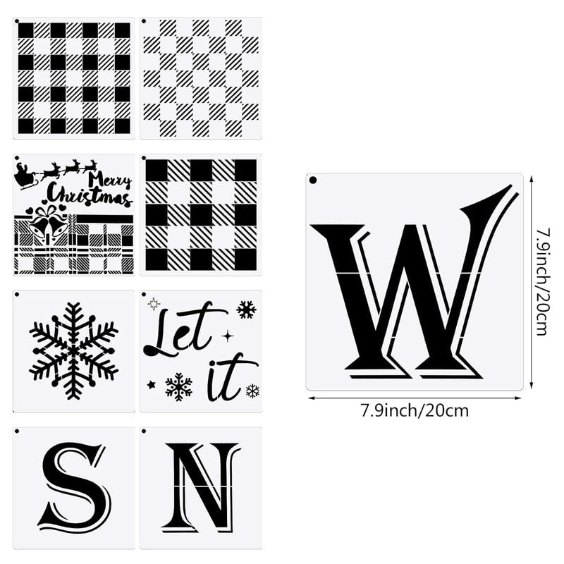 Devasya Crafts 9 Pieces Christmas Stencils Buffalo Plaid Stencils Kit Reusable Christmas Stencils Snowflake Stencil Template Let It Snow Stencil with Open Ring for Painting on Wood Paper Fabric Winter Christmas - Image 2
