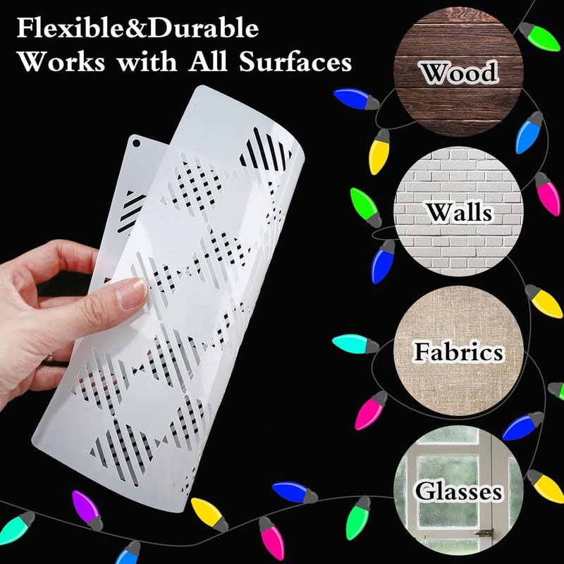 Devasya Crafts 9 Pieces Christmas Stencils Buffalo Plaid Stencils Kit Reusable Christmas Stencils Snowflake Stencil Template Let It Snow Stencil with Open Ring for Painting on Wood Paper Fabric Winter Christmas - Image 3