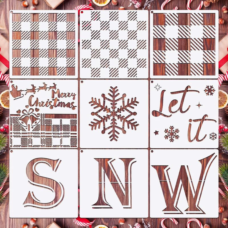 Devasya Crafts 9 Pieces Christmas Stencils Buffalo Plaid Stencils Kit Reusable Christmas Stencils Snowflake Stencil Template Let It Snow Stencil with Open Ring for Painting on Wood Paper Fabric Winter Christmas - Image 1
