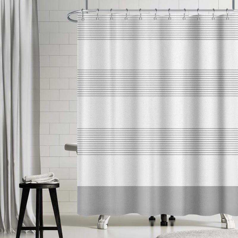 ggaimwf White Grey Striped Waffle Shower Curtain Farmhouse Plaid Patchwork Stall Bath Curtain Rustic Boho Neutral Bathtub Curtain for Kids Bathroom Decor Waterproof with Hooks 71x79 Inch - Image 1
