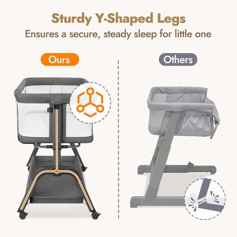 Papablic Baby Bassinet Bedside Bassinet for Baby with FourSided Breathable Mesh  Soft Mattress Adjustable Bedside Sleeper with Storage Basket and Wheels Easy to Assemble Grey - Image 2