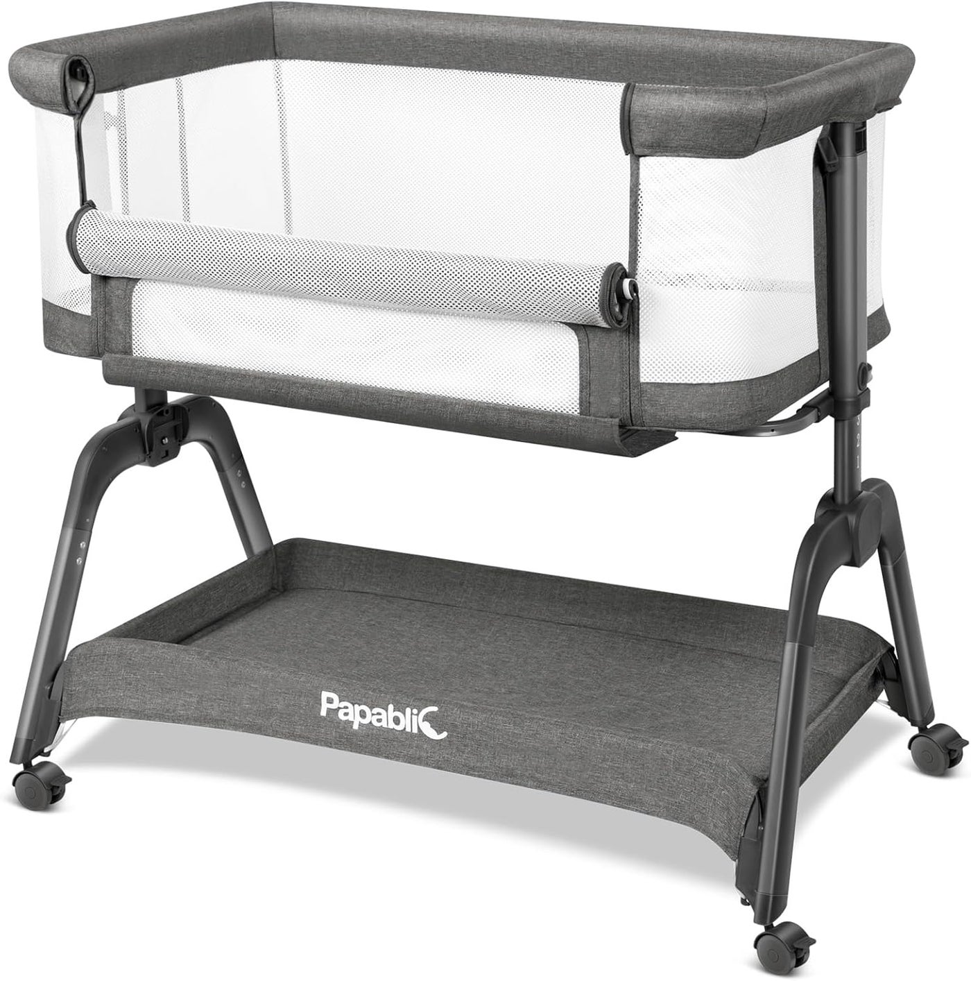 Papablic Baby Bassinet Bedside Bassinet for Baby with FourSided Breathable Mesh Soft Mattress Adjustable Bedside Sleeper with Storage Basket and Wheels Easy to Assemble Grey
