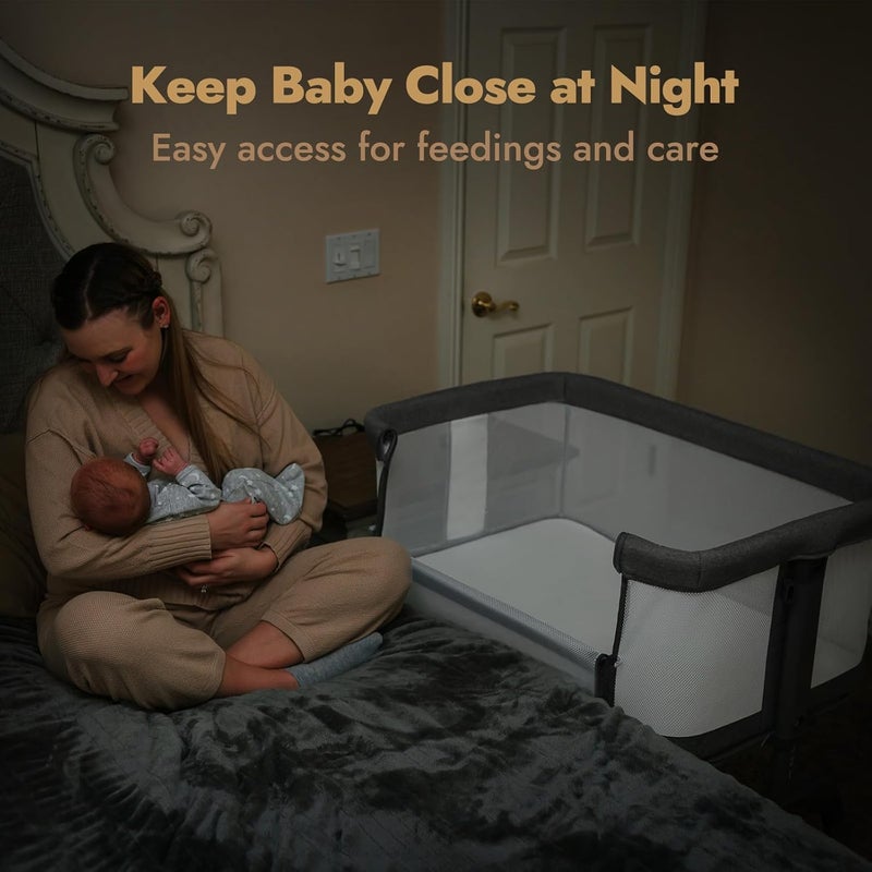 Papablic Baby Bassinet Bedside Bassinet for Baby with FourSided Breathable Mesh  Soft Mattress Adjustable Bedside Sleeper with Storage Basket and Wheels Easy to Assemble Grey - Image 4