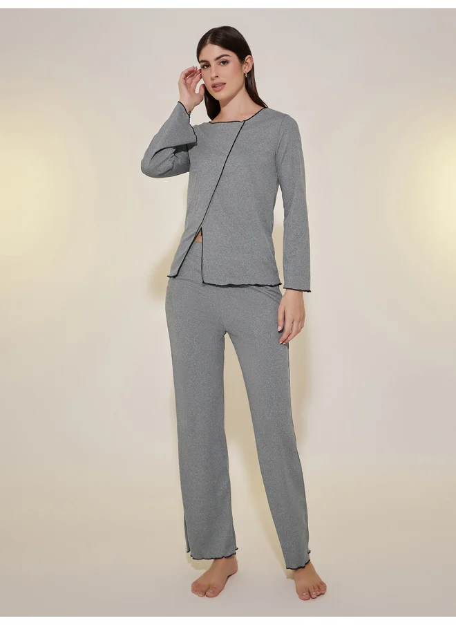 تايك تو Take Two Knitted Long Sleeve T-shirt & Straight Pajama Set