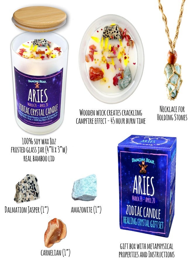 DANCING BEAR Aries Zodiac Candle Gift Box Set with 3 Healing Crystals & Stone Holder Necklace, 100% Soy Scented Wax, Crackling Wood Wick, 45 Hour Burn Time - Image 3