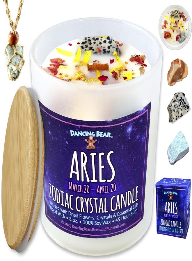 DANCING BEAR Aries Zodiac Candle Gift Box Set with 3 Healing Crystals & Stone Holder Necklace, 100% Soy Scented Wax, Crackling Wood Wick, 45 Hour Burn Time - Image 1