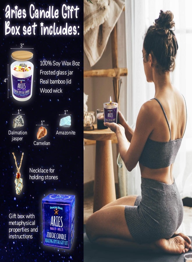 DANCING BEAR Aries Zodiac Candle Gift Box Set with 3 Healing Crystals & Stone Holder Necklace, 100% Soy Scented Wax, Crackling Wood Wick, 45 Hour Burn Time - Image 2