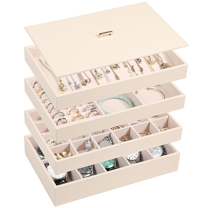 Voova Stackable Jewelry Organizer Tray with Lid, PU Leather Jewelry Storage Holder for Drawer Inserts, Jewellery Display Box Case for Earring Necklace Ring Watch Bracelet (Set of 4, Apricot) - Image 1